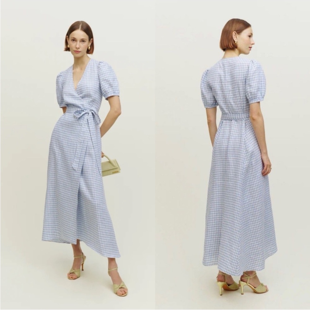 Reformation Light Blue Gingham Wrap Maxi Dress